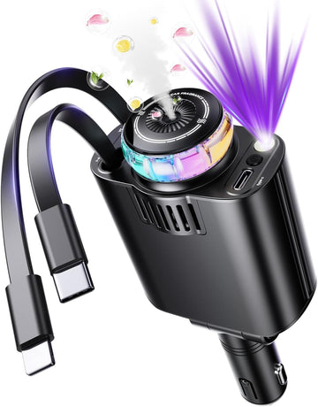 Retractable Car Charger with Starlight and Aromatherapy, 5 in 1 USB C Car Charger Adapter