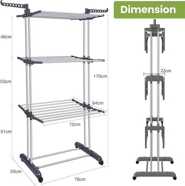 Toworld 4-Tier Folding Clothes Drying Rack – Stainless Steel Laundry Dryer Stand with 2 Adjustable Wings | Space-Saving Free-Standing Design