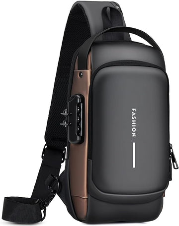Men’s Anti-Theft Sling Bag – PU Leather Crossbody Shoulder Chest Bag, Large Size, Black & Gold