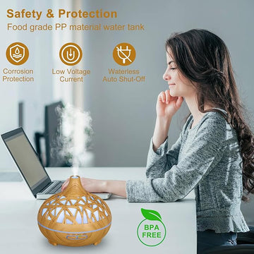Wooden Lattice Ultrasonic Aroma Diffuser – Essential Oil Humidifier with LED Mood Lighting